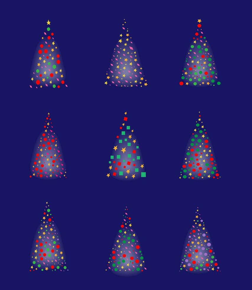 Collection Magic Xmas tree and decoration made from lights on dark background vector