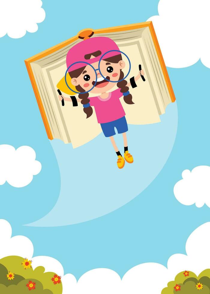 Cartoon Kid Flying With Book vector