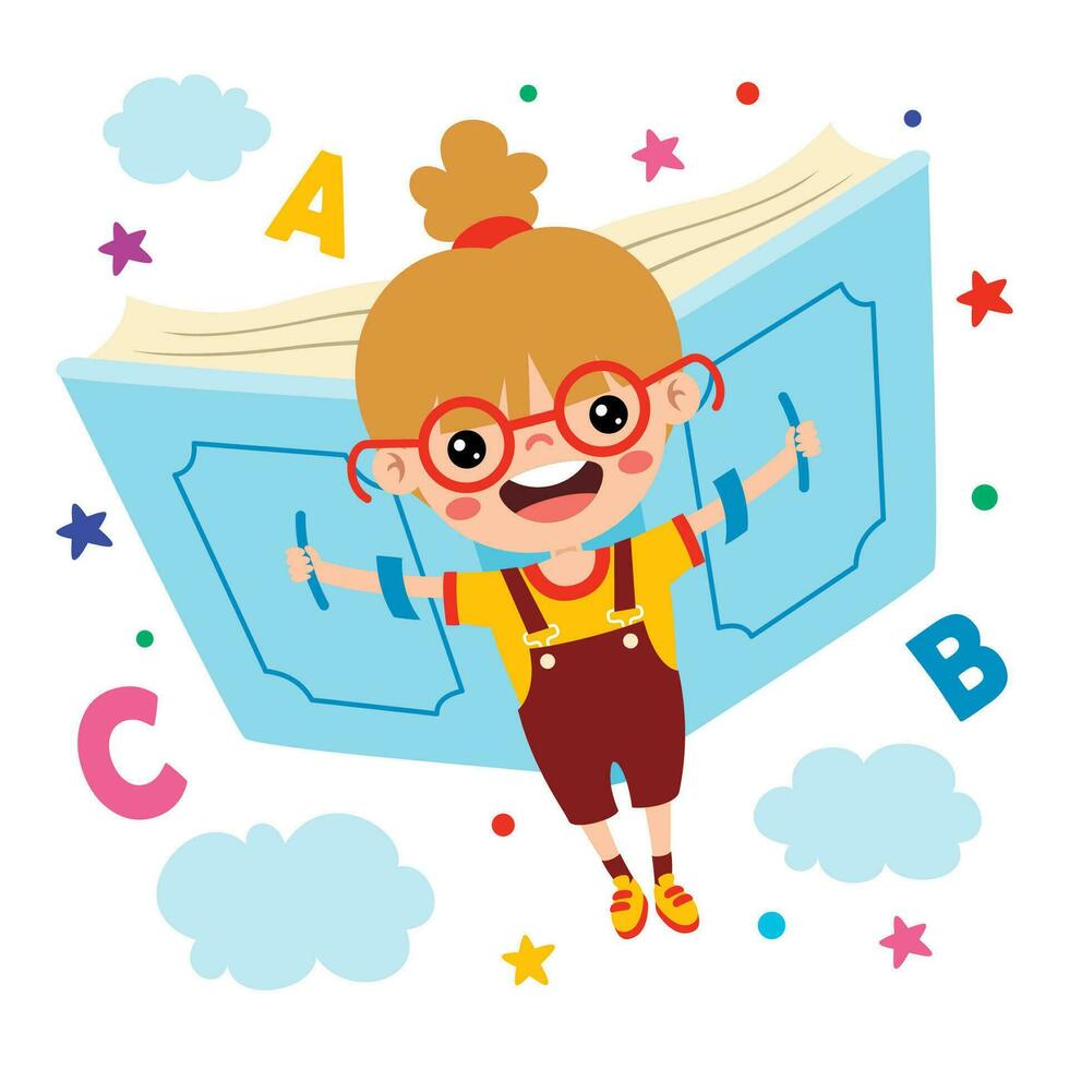 Cartoon Kid Flying With Book vector