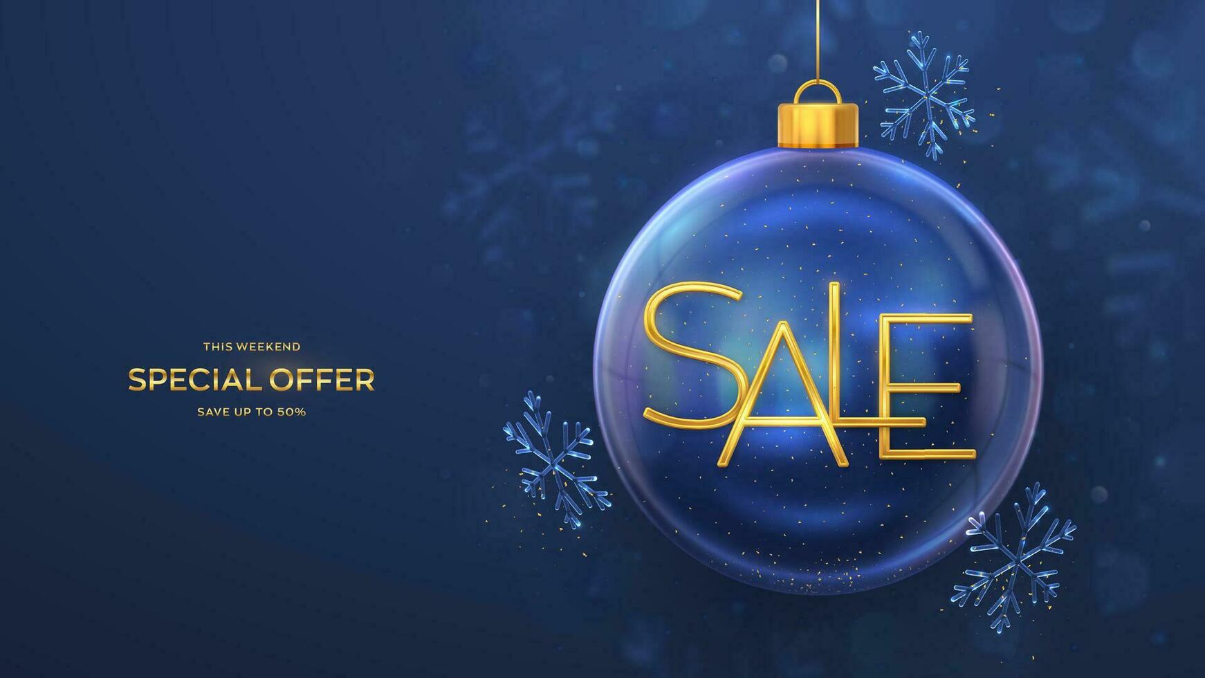 Christmas sale banner design. Golden metallic Sale letters in a transparent glass ball. Shining showflakes, confetti. New Year Xmas blue background. Advertising poster, flyer. Vector illustration.