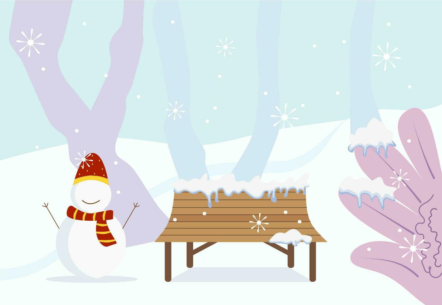 Winter city park with snowman, park bench, plant, trees silhouette and snow flake falling down. Landscape vector illustration in flat style.