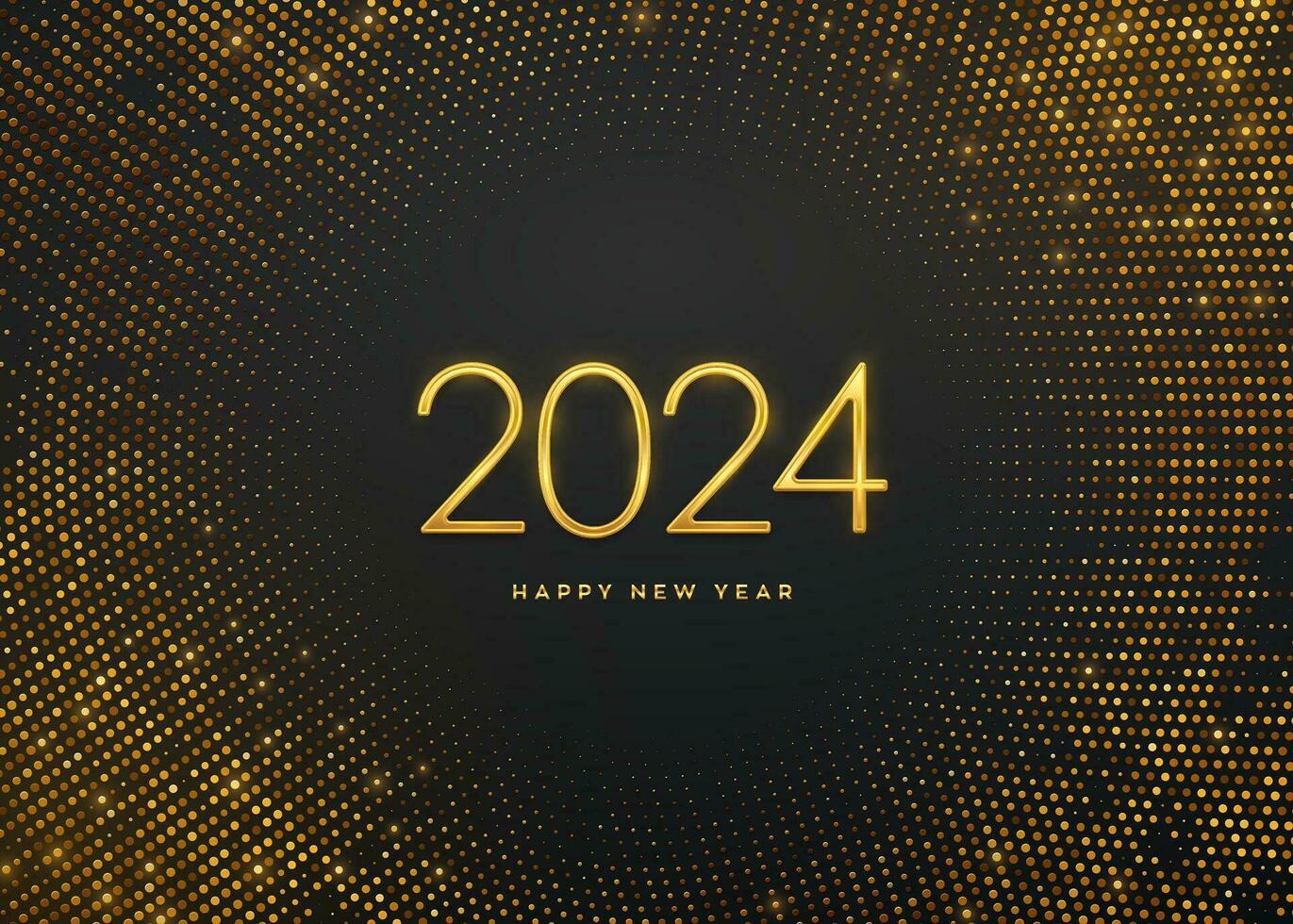 Happy New 2024 Year. Golden metallic luxury numbers 2024 on shimmering background. Realistic sign for greeting card. Bursting backdrop with glitters. Festive poster or banner. Vector illustration.
