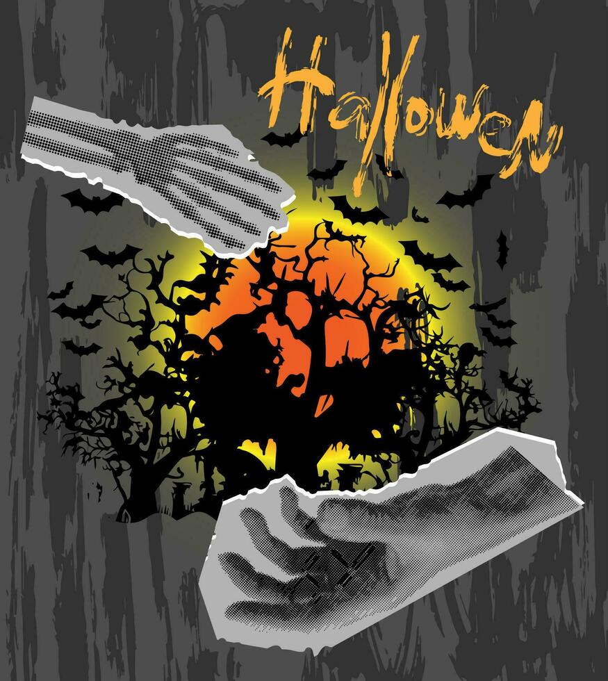 Collage on theme halloween. Trandy halftone design. vector