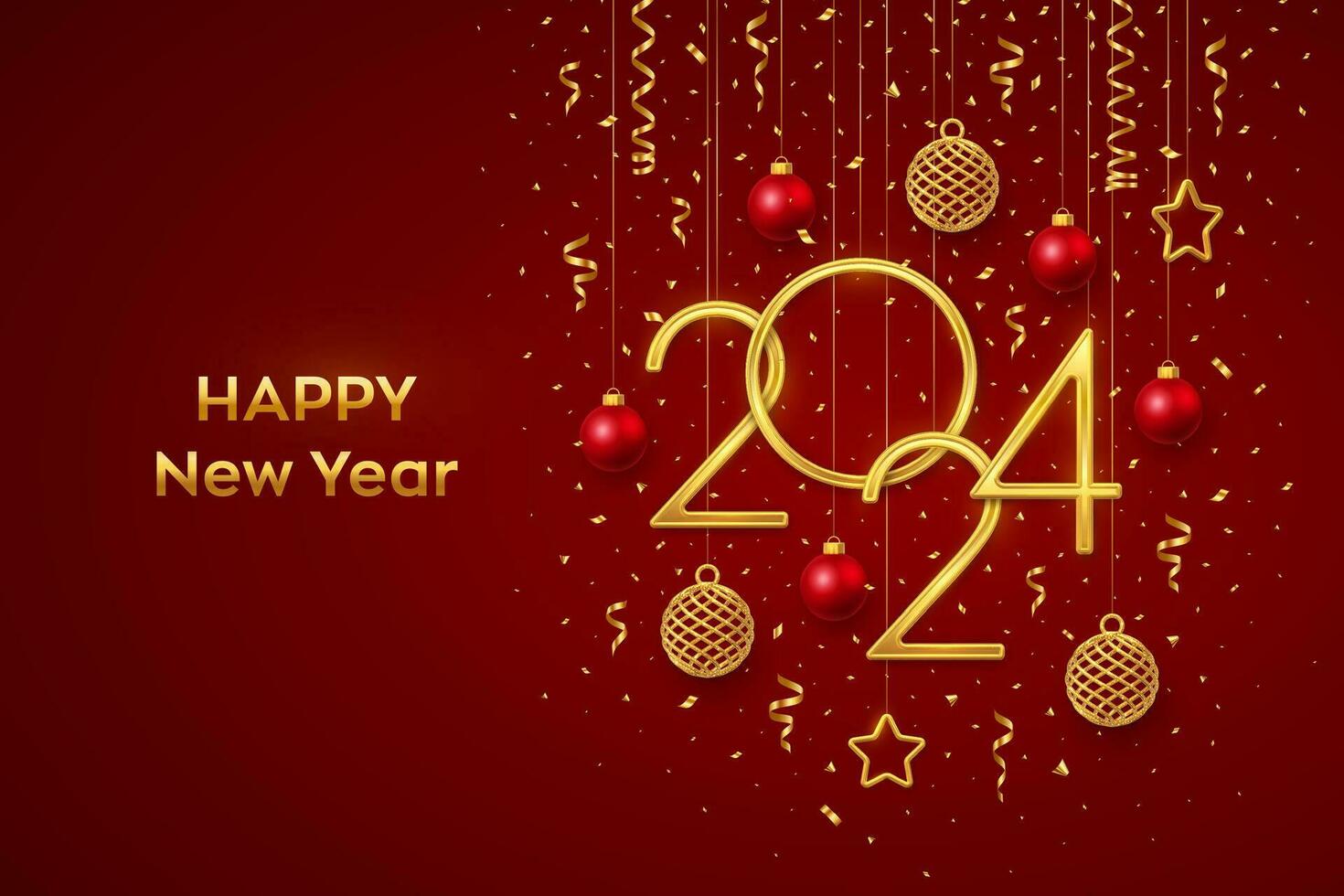 Happy New 2024 Year. Hanging Golden metallic numbers 2024 with shining 3D metallic stars, balls and confetti on red background. New Year greeting card, banner template. Realistic Vector illustration.