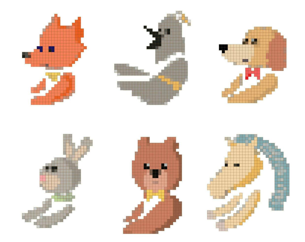 Cross-stitch pixel art animals vector set.