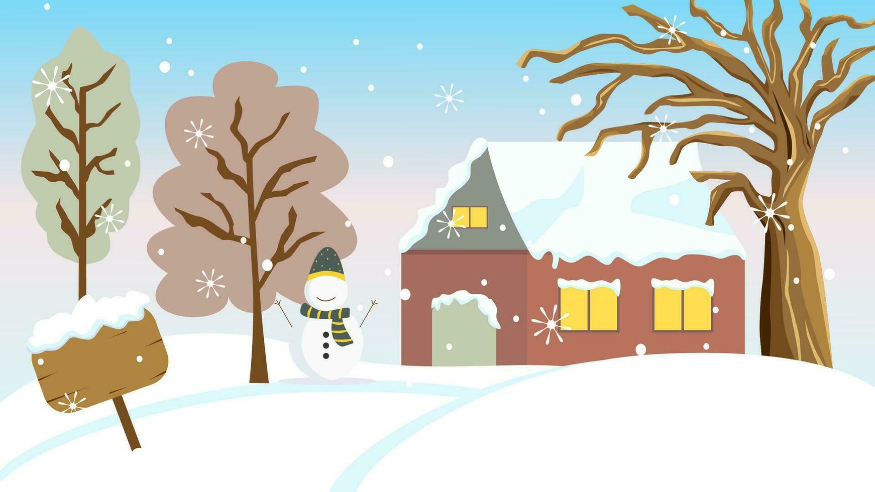 Winter vector landscape with house and wooden sign covered by snow, trees and big dried tree, snowman, and snow flake falling down. Wintertime illustration with copy space.