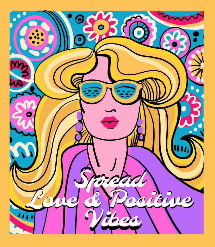 groovy hippie vibe girl poster 70s vector