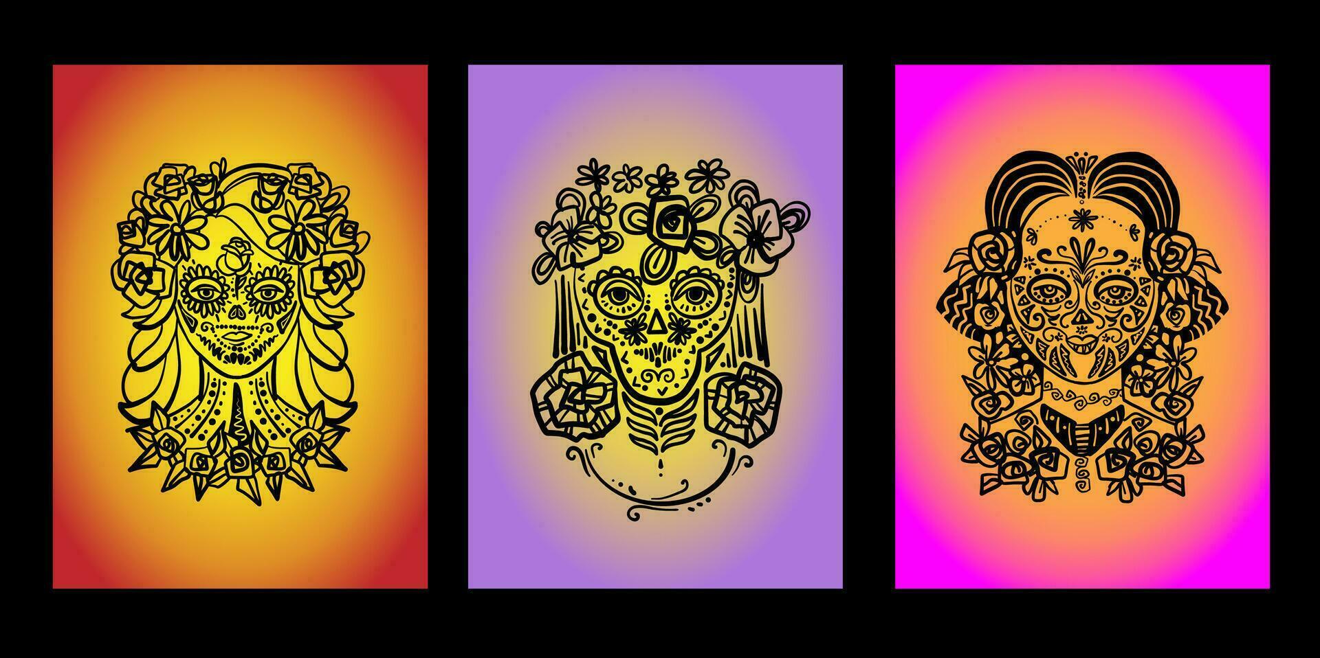 Day of the Dead woman with sugar skull face. Collection silhouette icons vector