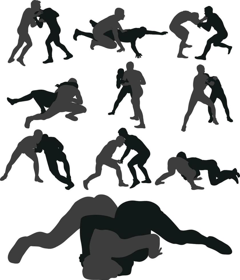 Set of silhouettes athletes wrestler in wrestling, fighting. Greco Roman wrestling, fight, combating, struggle, grappling, duel, mixed martial art, sportsmanship vector