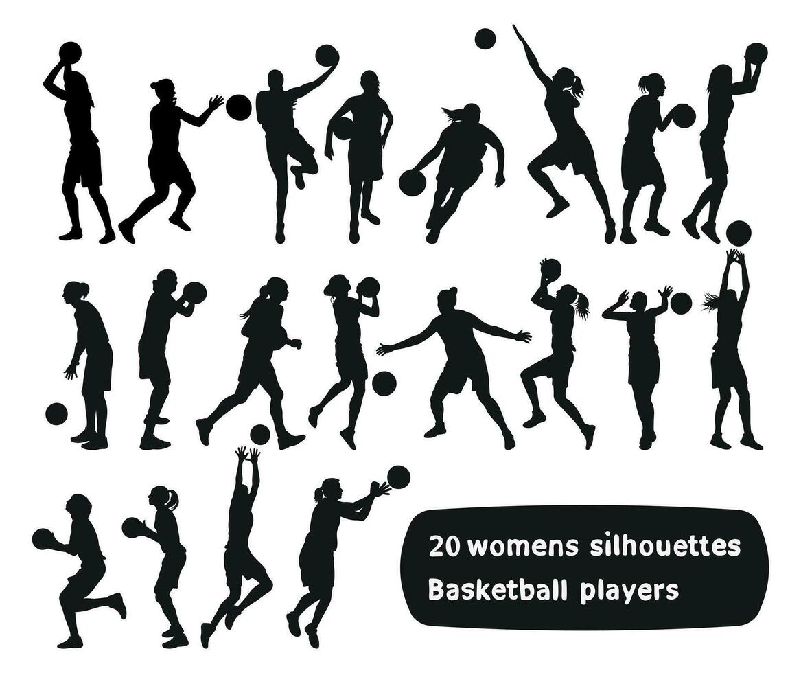 Image of black female silhouettes of basketball players in a ball game. vector