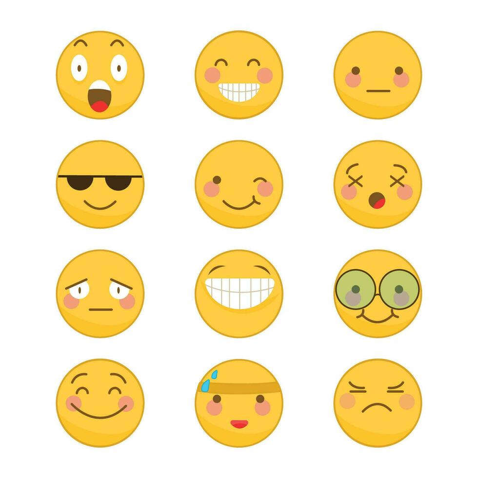 Vector round yellow emoticon set isolated on white background