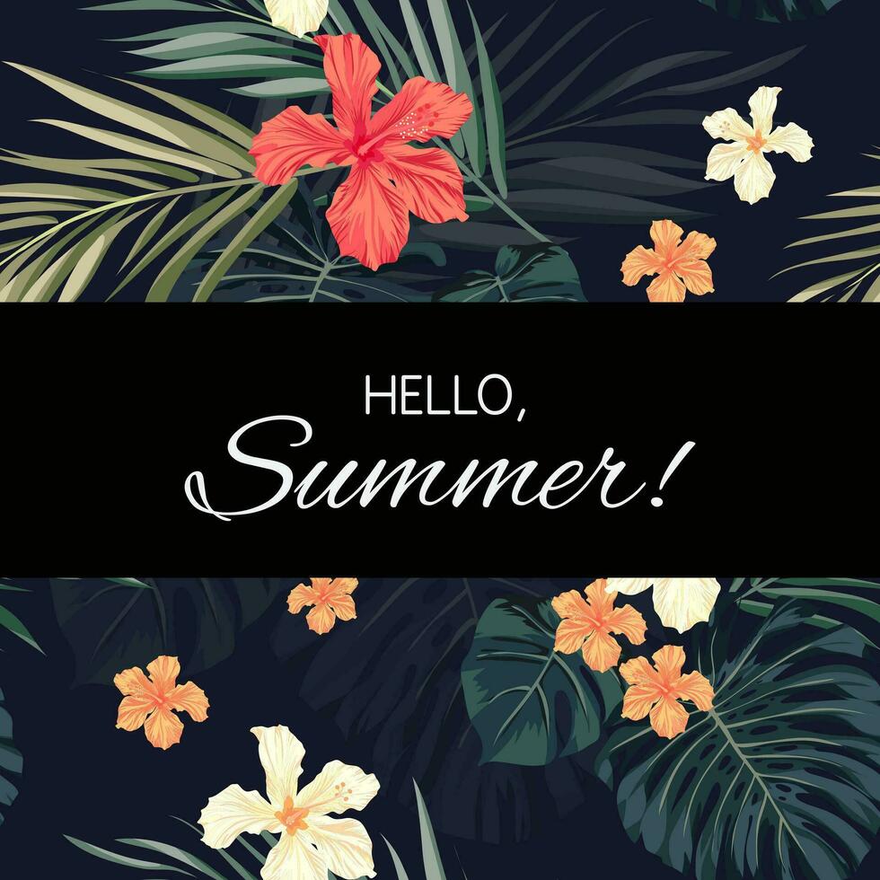 Summer tropical hawaiian background with palm tree leaves and exotic flowers vector