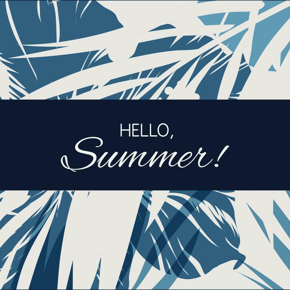 Blue indigo summer tropical hawaiian background with palm tree leaves and exotic flowers vector