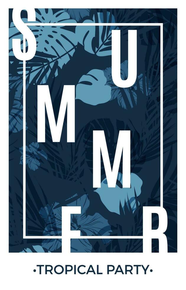 Blue indigo summer tropical hawaiian background with palm tree leaves and exotic flowers vector