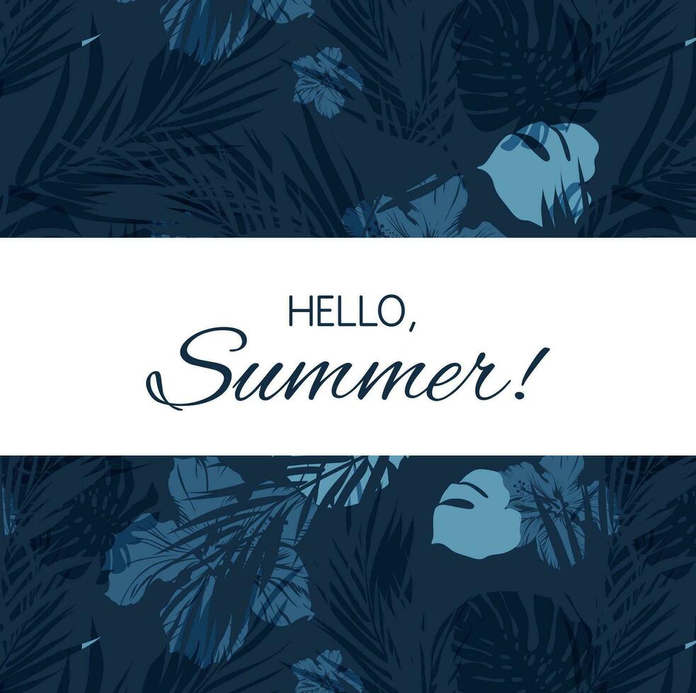 Blue indigo summer tropical hawaiian background with palm tree leaves and exotic flowers vector