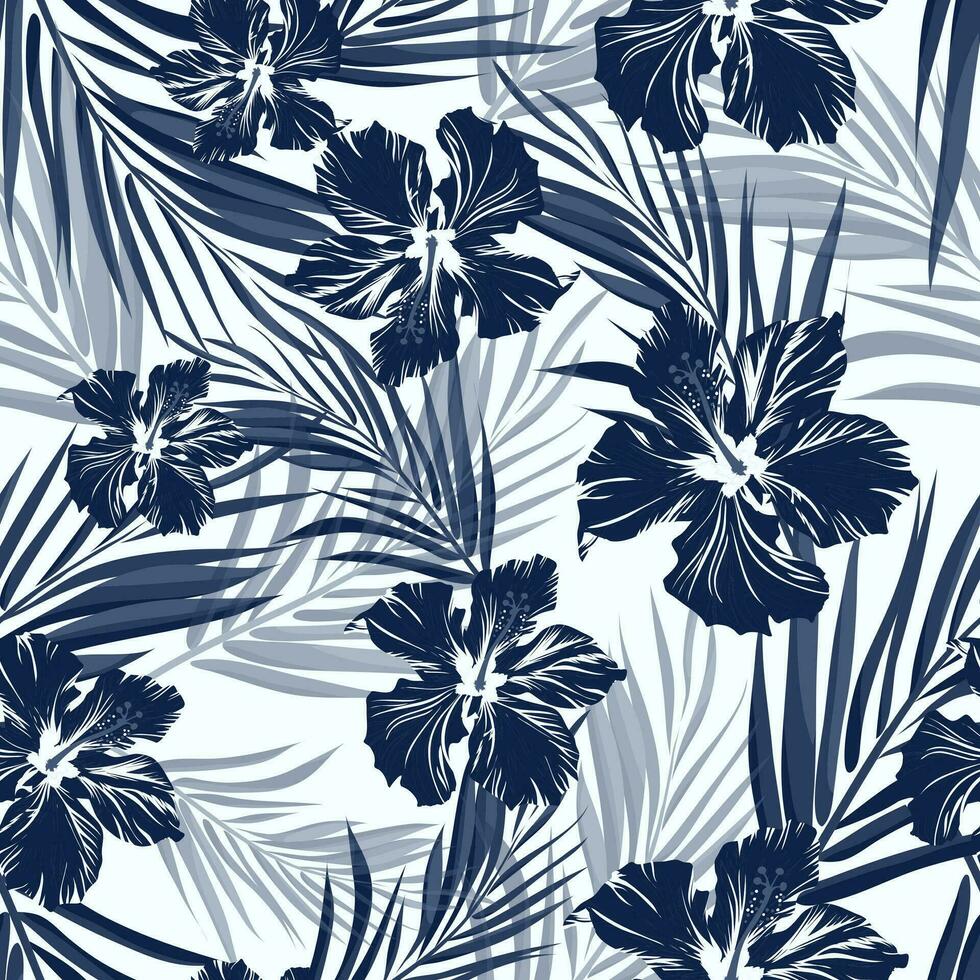 Tropical seamless monochrome blue indigo camouflage background with leaves and flowers vector