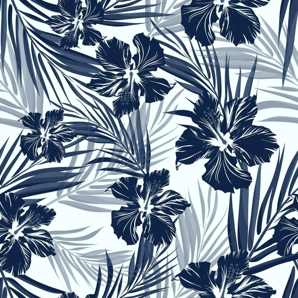 tropical sin costura monocromo azul índigo camuflaje antecedentes con hojas y flores vector