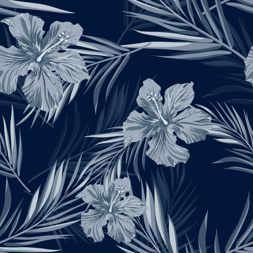 tropical sin costura monocromo azul índigo camuflaje antecedentes con hojas y flores vector