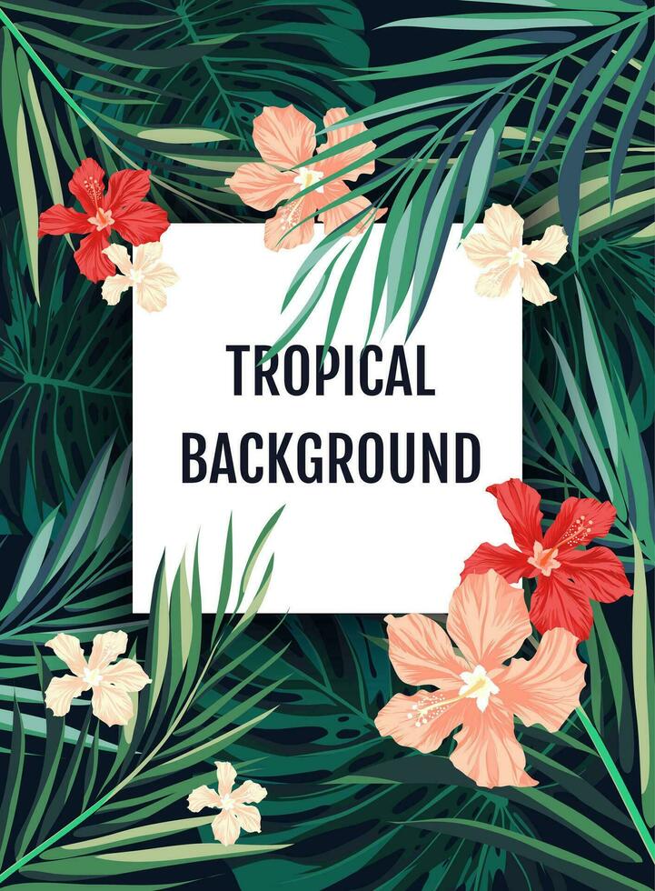 Summer tropical hawaiian background with palm tree leaves and exotic flowers vector