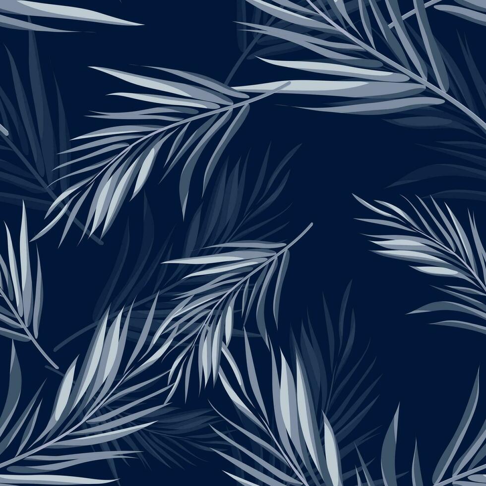 Tropical seamless monochrome blue indigo camouflage background with leaves and flowers vector