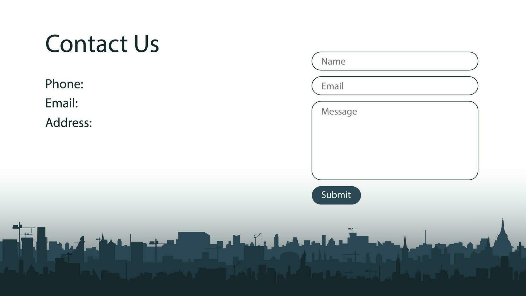 Contact screen concept for a website with multilayers city silhouette. Form of sending messages. Vector templates design for a construction company or business. UI, UX, GUI. EPS 10.