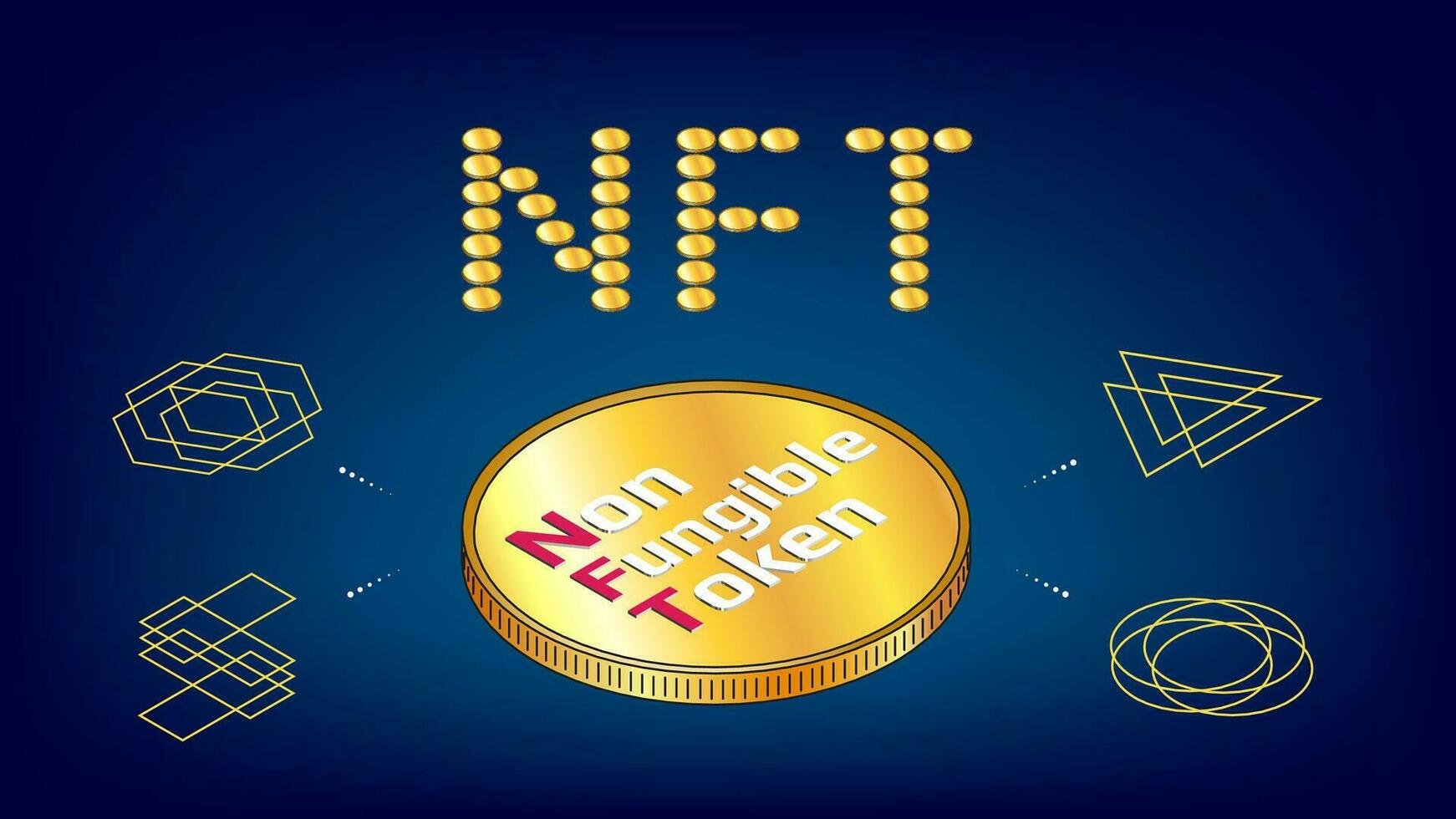 NFT word from golden coins non fungible tokens infographics with big isometric coin on blue background. Pay for unique collectibles in games or art. Vector illustration.