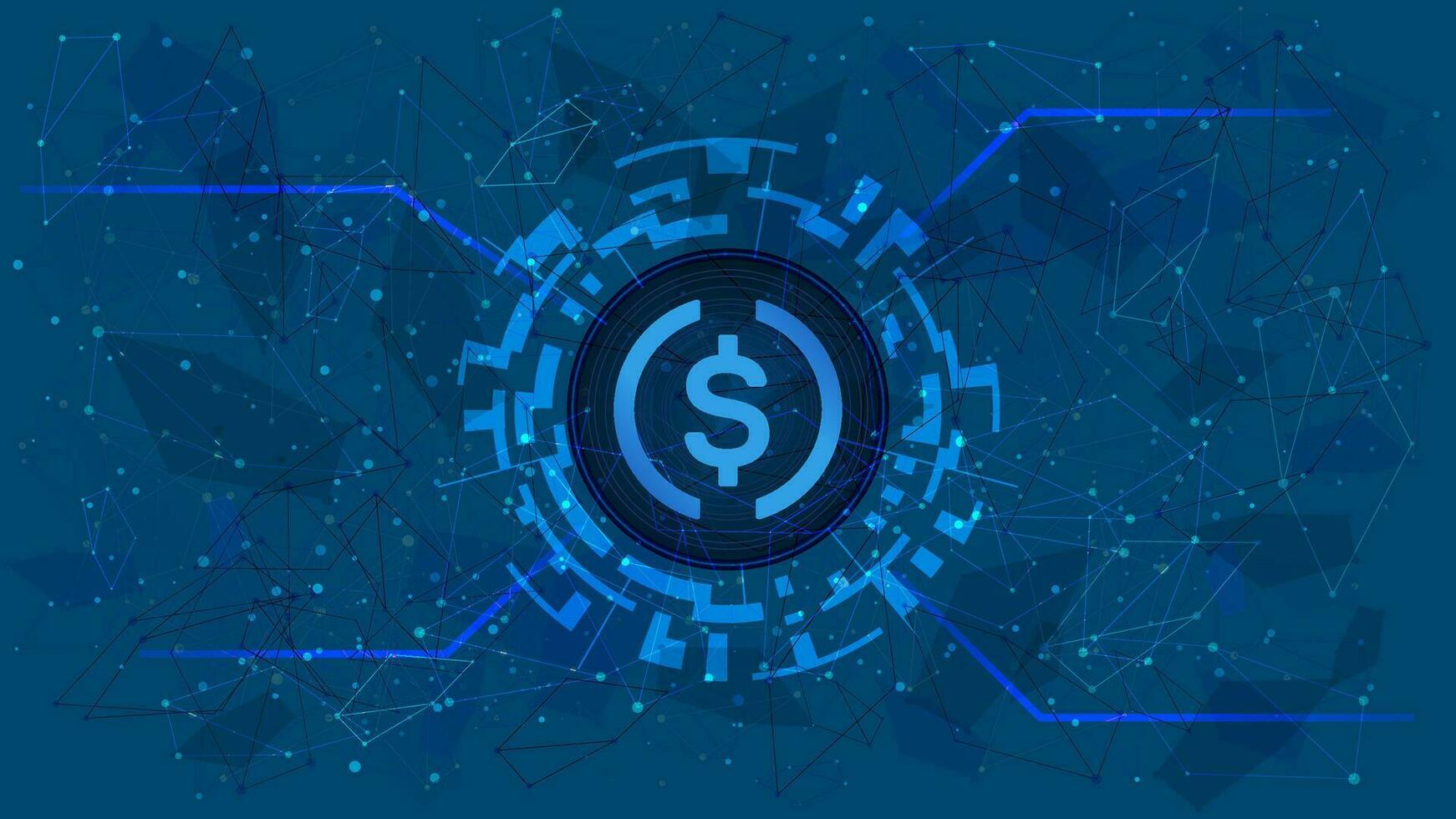 USD Coin USDC token symbol in digital circle with cryptocurrency theme on blue background. Cryptocurrency icon for banner or news. Vector illustration.