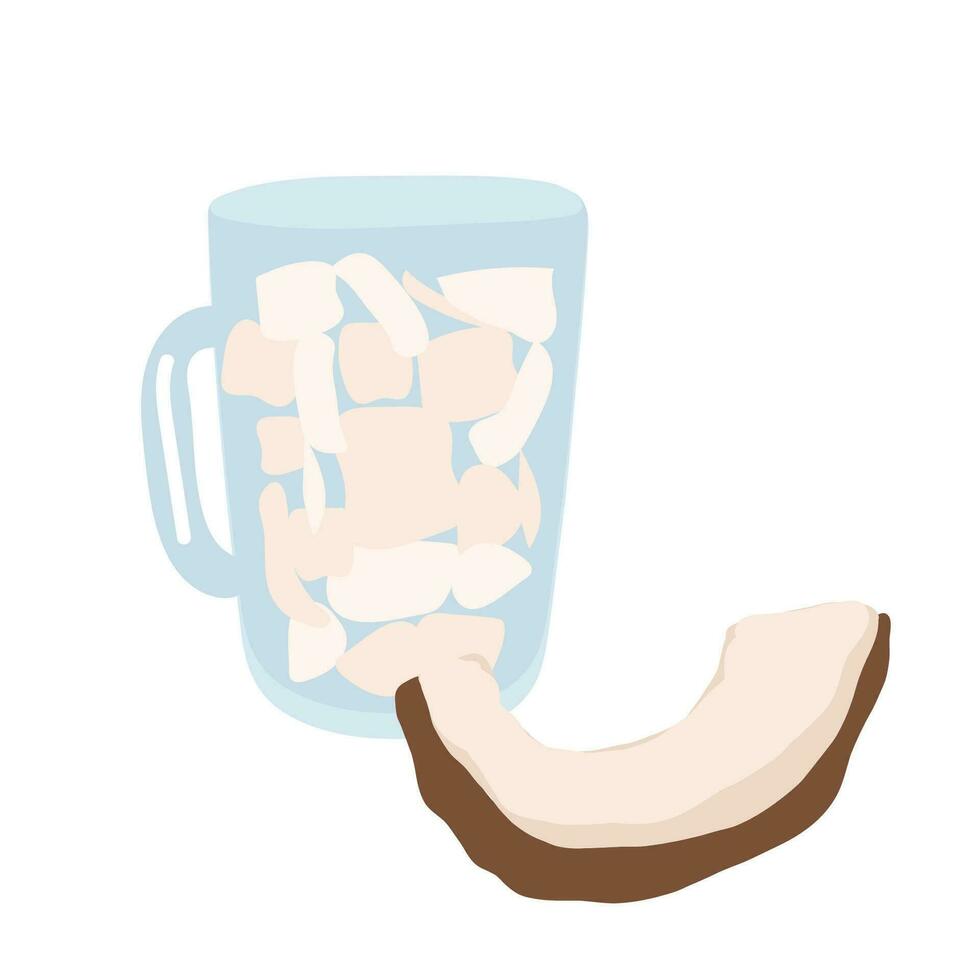 cup of Coconut, half fruit and leaves. Vector illustration cartoon flat icon isolated on white.