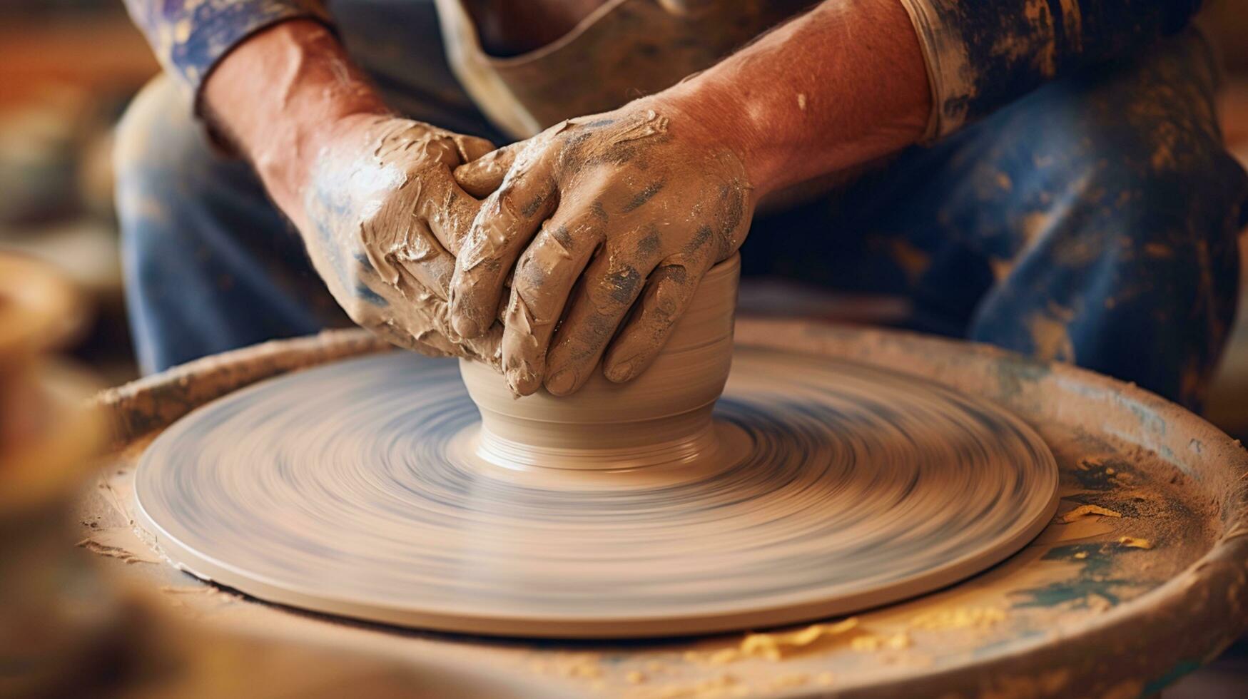 Hands working with clay on potter's wheel, craftsmanship, traditional craft making.AI Generative. photo