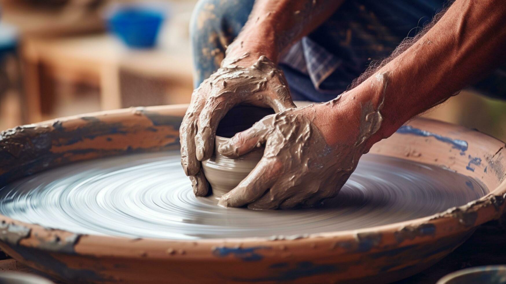 Hands working with clay on potter's wheel, craftsmanship, traditional craft making.AI Generative. photo