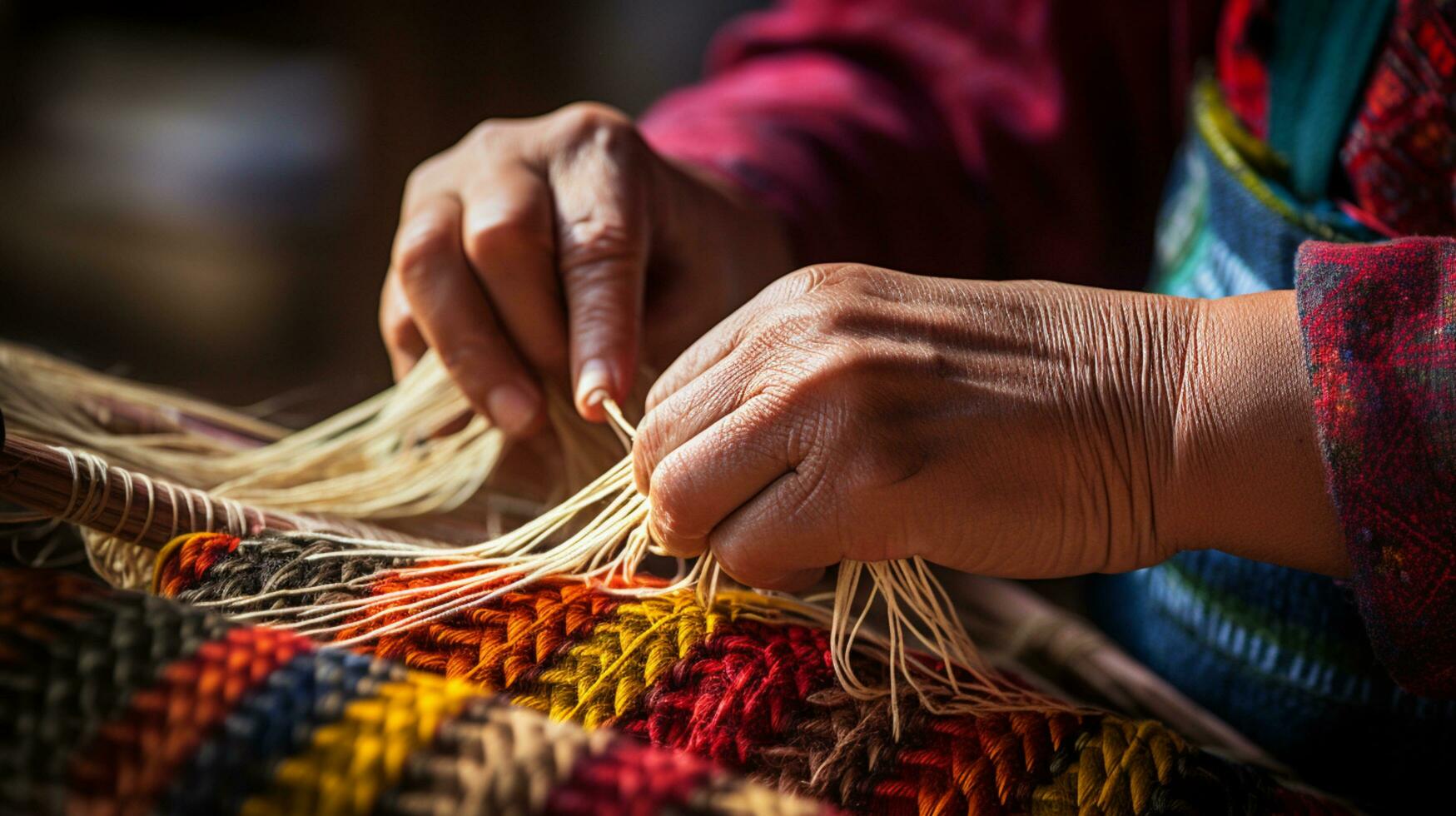Elderly people's hands are weaving various colored silk cloths. On the Heritage Craft loom. AI Generative. photo