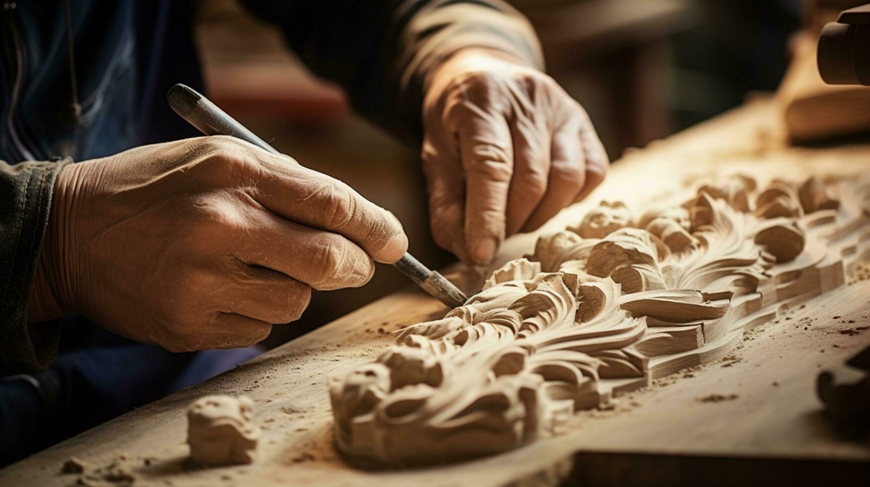 Close-up Carpenter working carving wood.AI Generative. photo