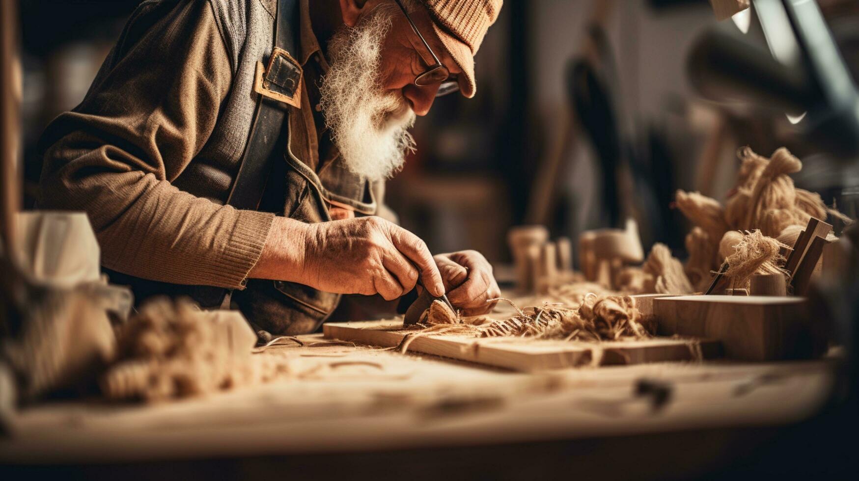 Close-up Carpenter working carving wood.AI Generative. photo