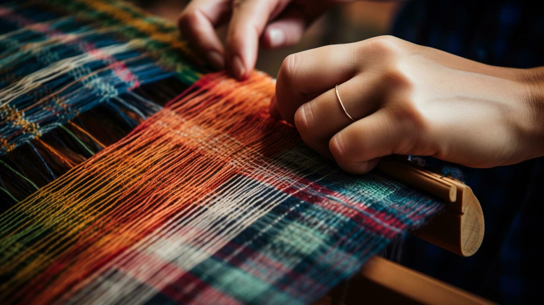 Elderly people's hands are weaving various colored silk cloths. On the Heritage Craft loom. AI Generative. photo