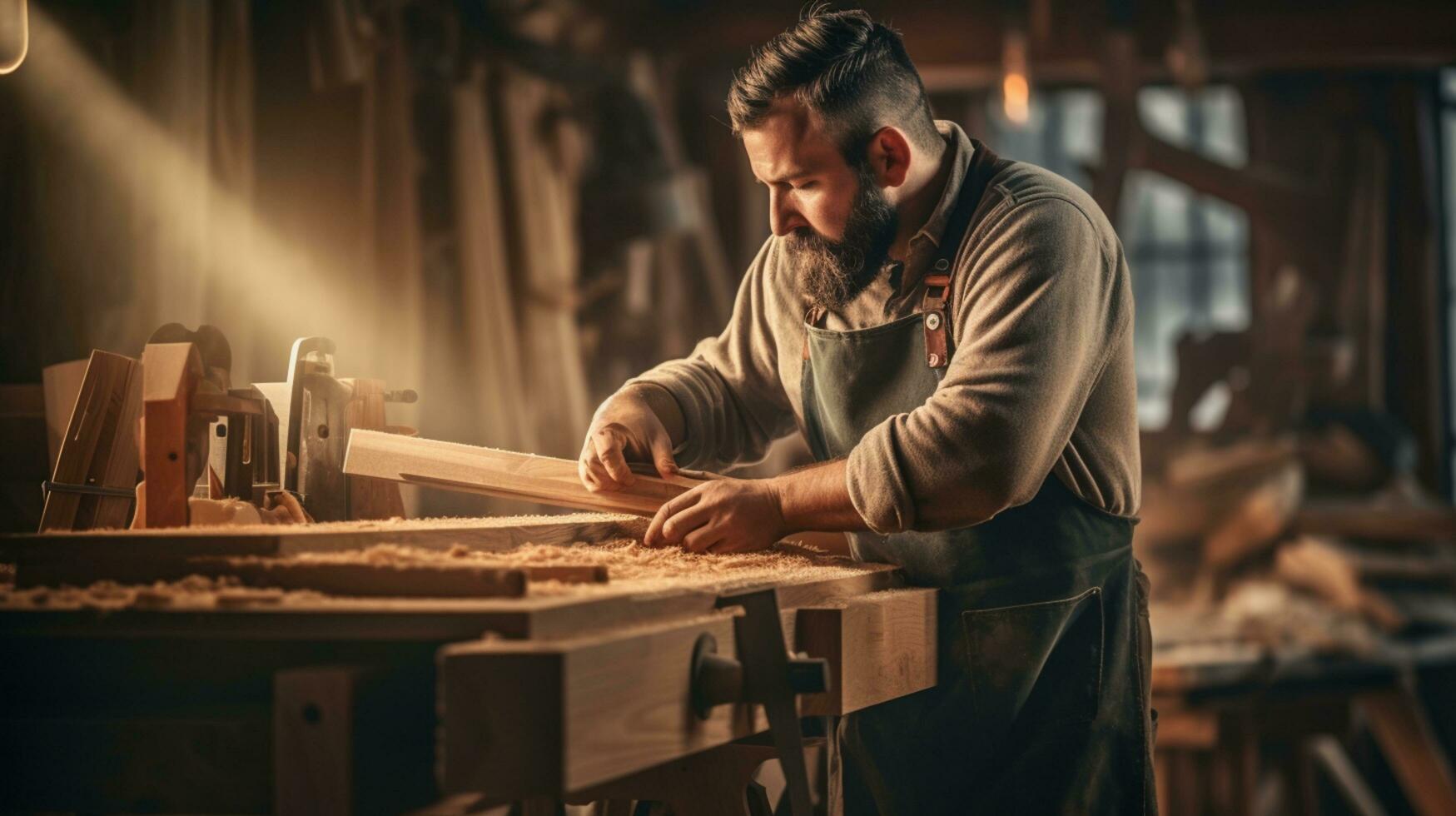 Carpenter working with plane on wooden.AI Generative. photo