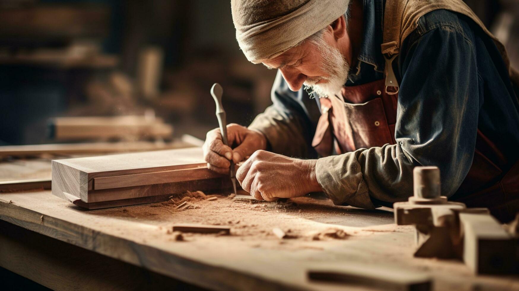 Close-up Carpenter working carving wood.AI Generative. photo