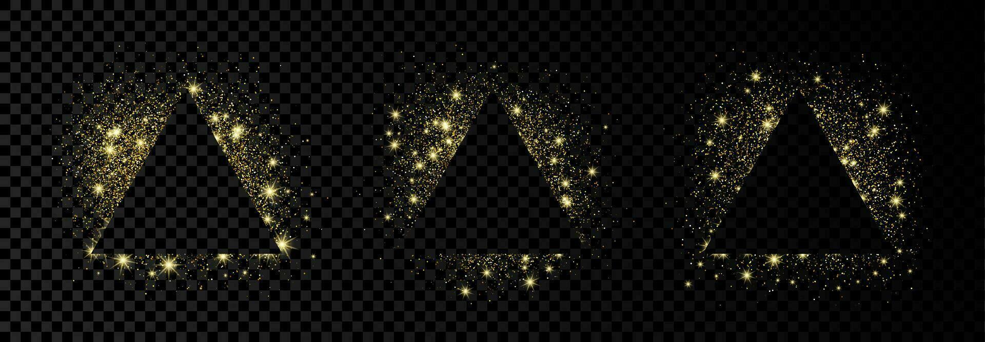 Set of three triangle frames with gold glitter on dark background. Empty background. Vector illustration.