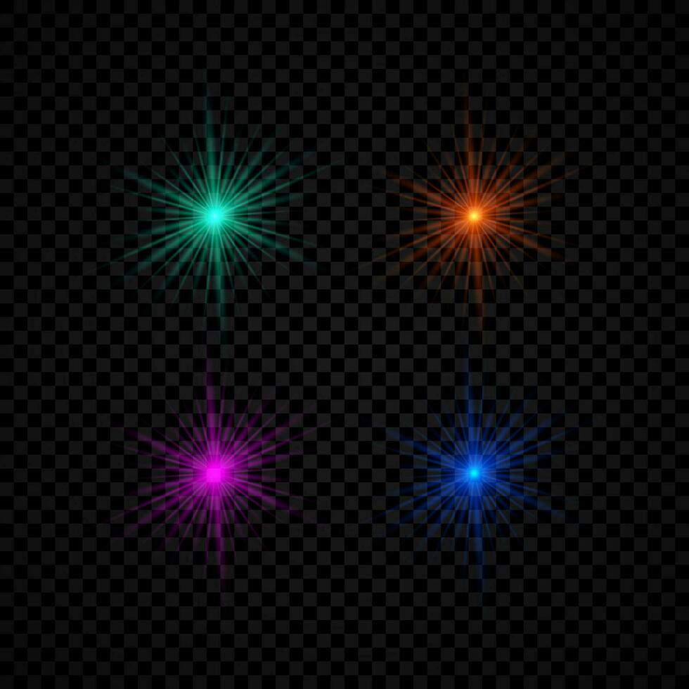 Light effect of lens flares. Set of four green, orange, purple and blue glowing lights starburst effects with sparkles on a dark background. Vector illustration