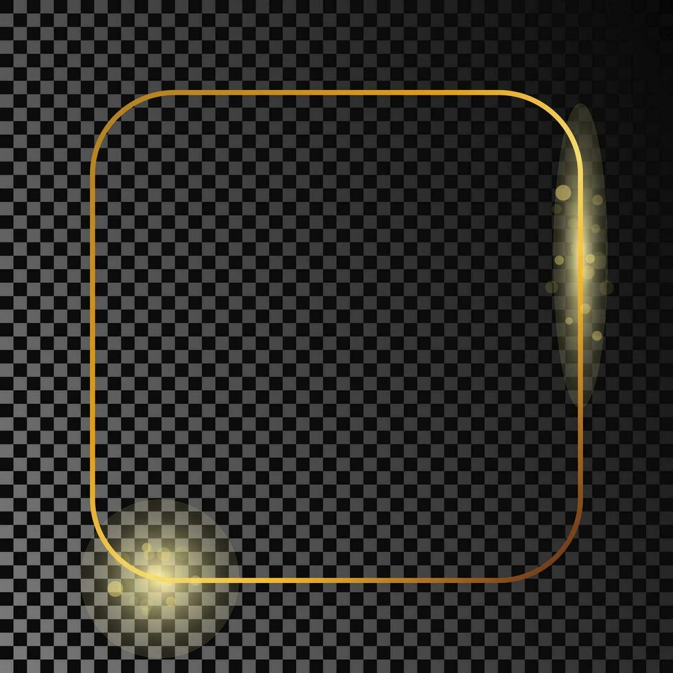 Gold glowing rounded square frame isolated on dark background. Shiny frame with glowing effects. Vector illustration.