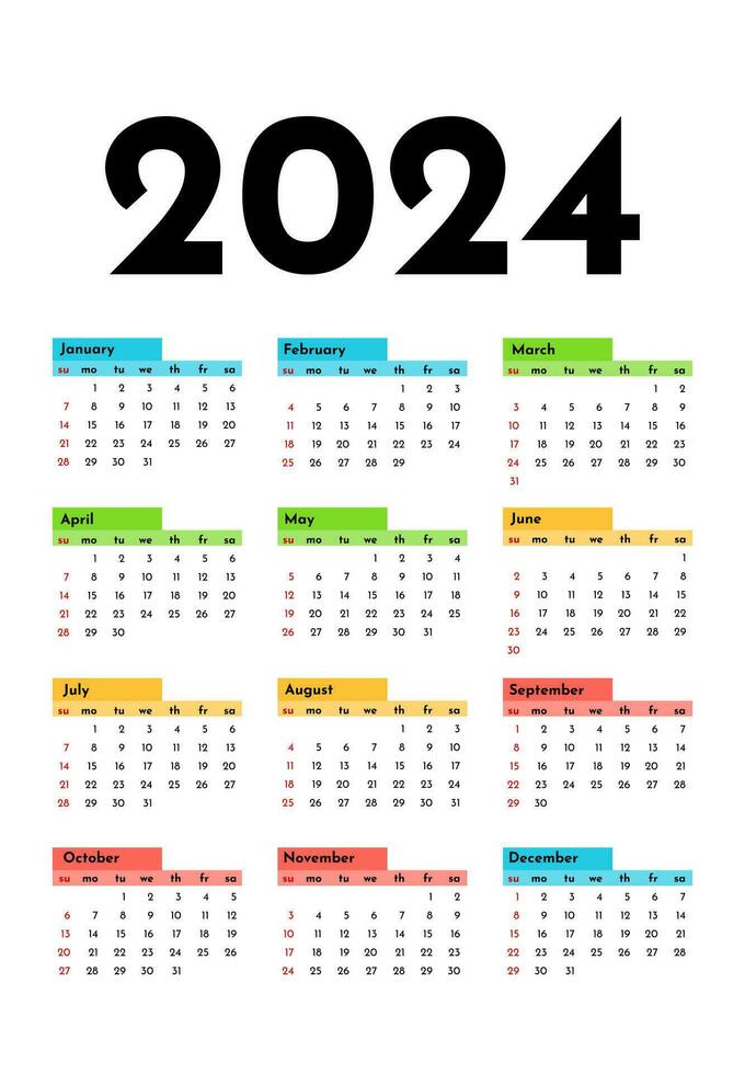 Calendar for 2024 isolated on a white background. Sunday to Monday, business template. Vector illustration