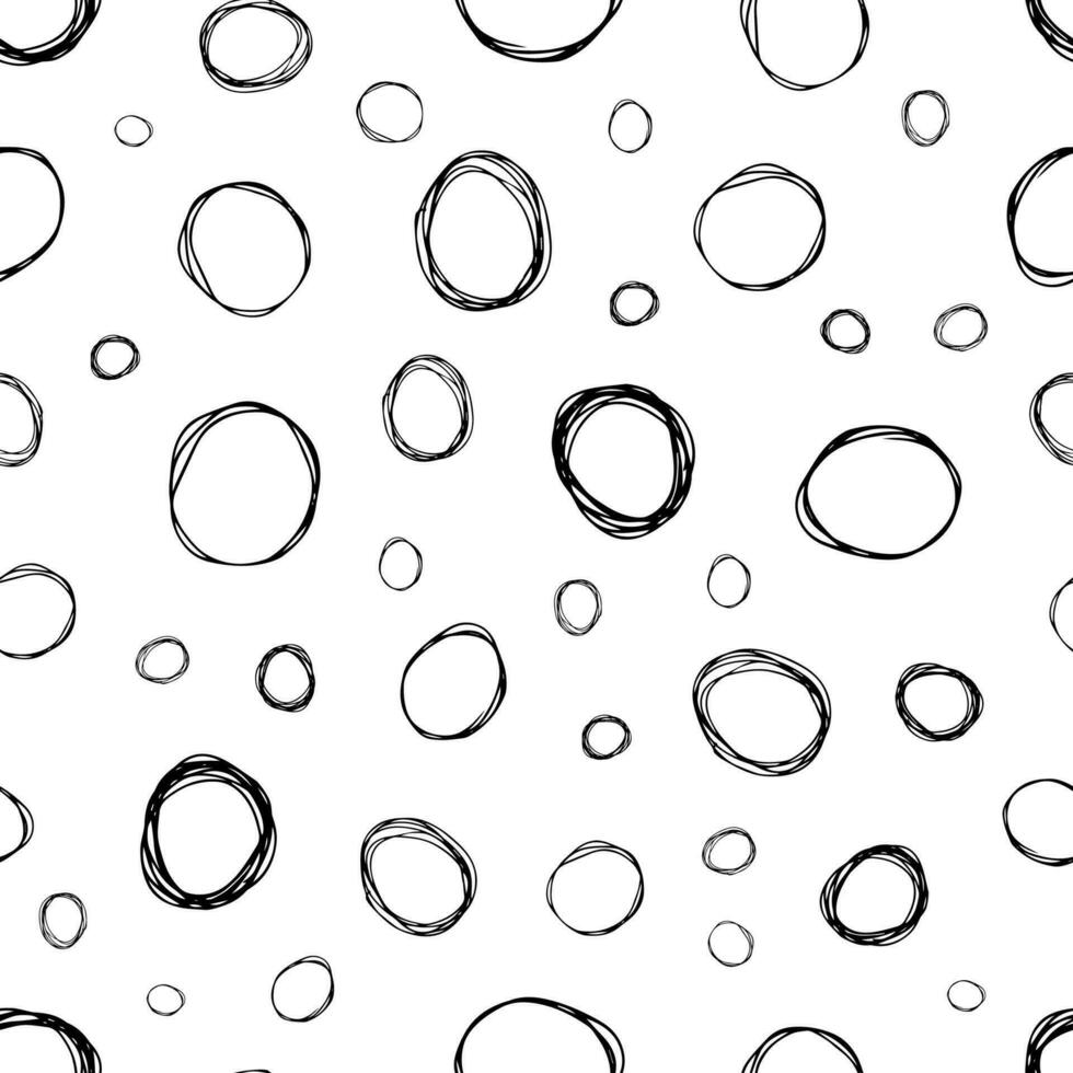 Seamless pattern with black sketch hand drawn brush scribble circles shape on white background. Abstract grunge texture. Vector illustration