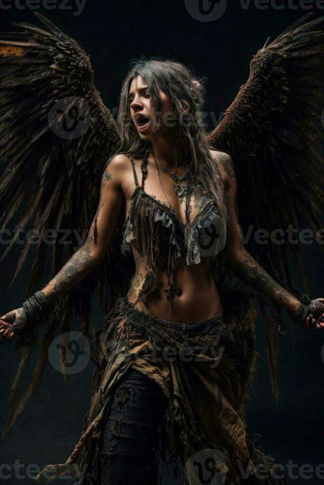 ai generative, Fallen angel with wings, a burning fallen angel, an angel expelled from heaven photo