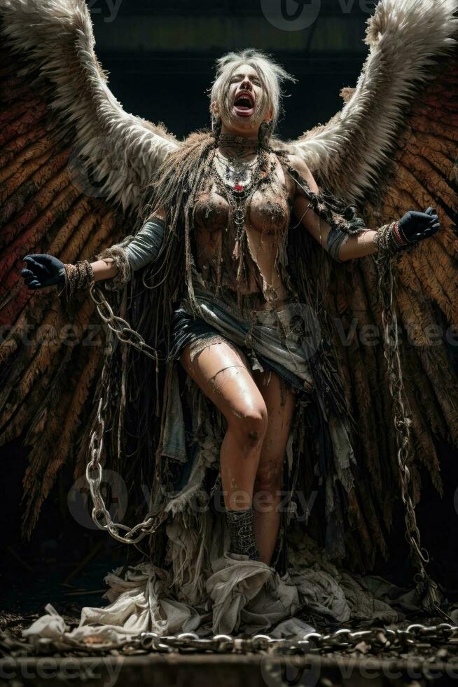 ai generative, Fallen angel with wings, a burning fallen angel, an angel expelled from heaven photo