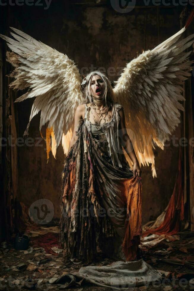 ai generative, Fallen angel with wings, a burning fallen angel, an angel expelled from heaven photo