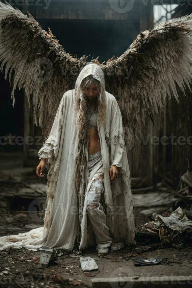 ai generativo, caído ángel con alas, un ardiente caído ángel, un ángel expulsado desde cielo foto