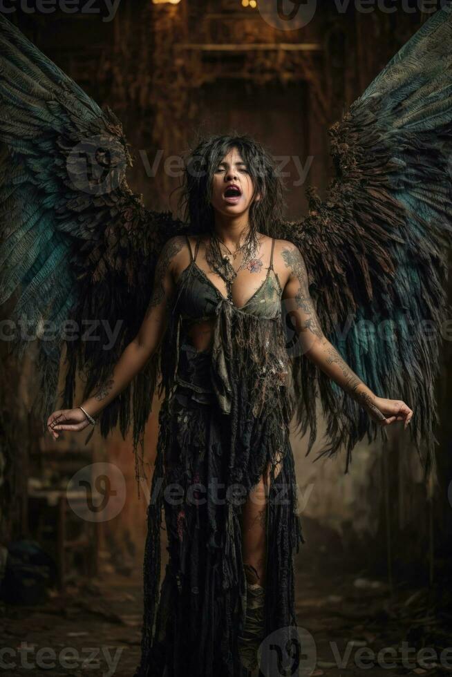 ai generative, Fallen angel with wings, a burning fallen angel, an angel expelled from heaven photo