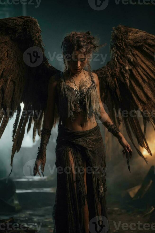 ai generative, Fallen angel with wings, a burning fallen angel, an angel expelled from heaven photo