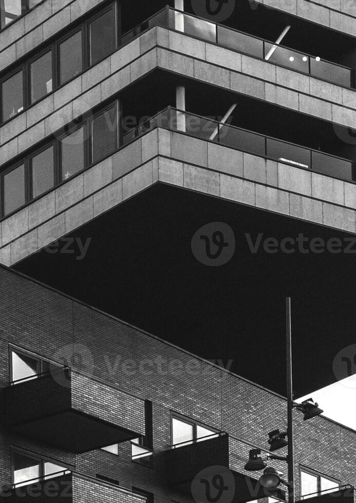 Looking up view of tall buildings photo