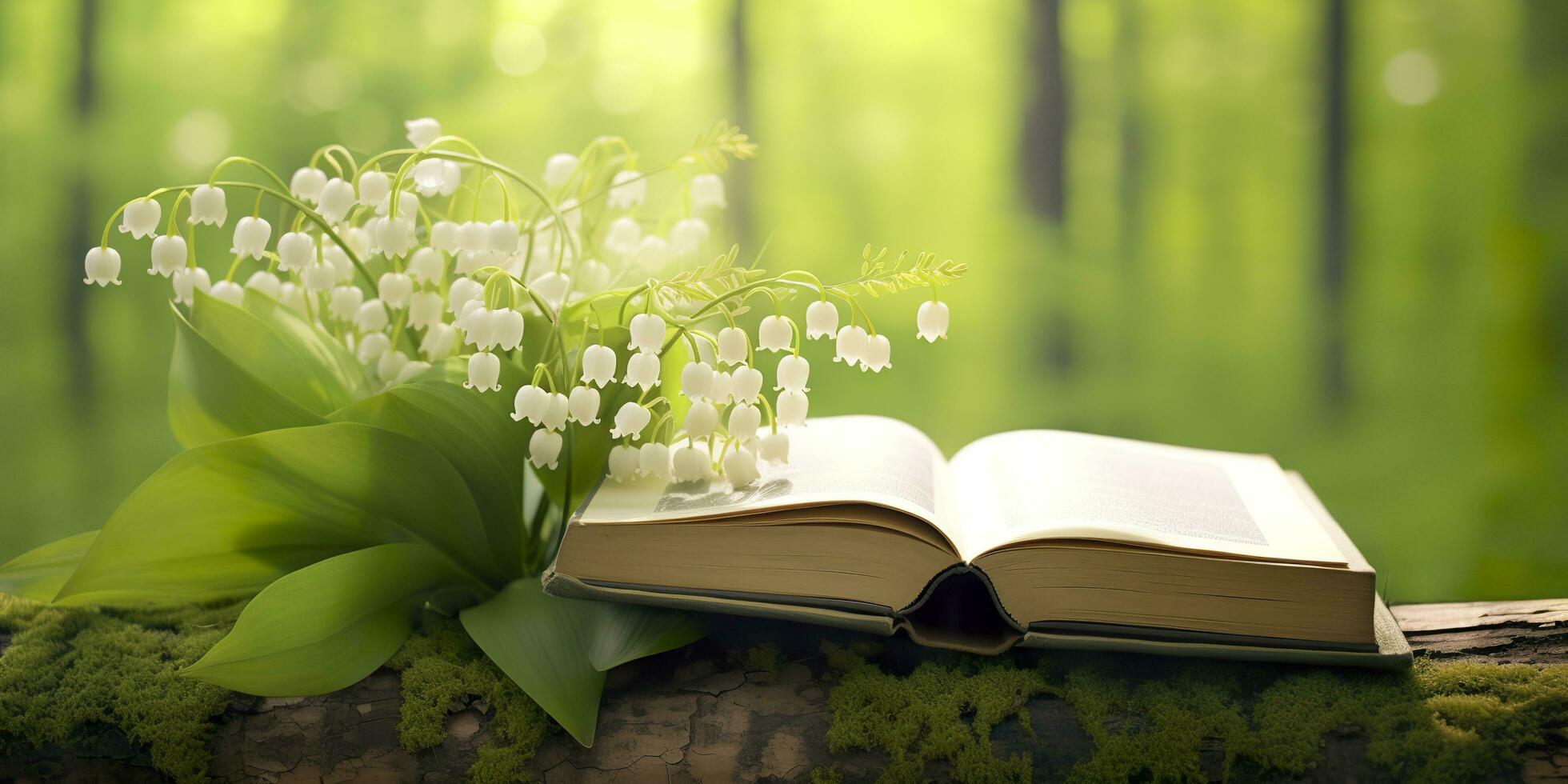 Lily of the Valley flowers and old books in the forest, green natural background. AI Generated photo