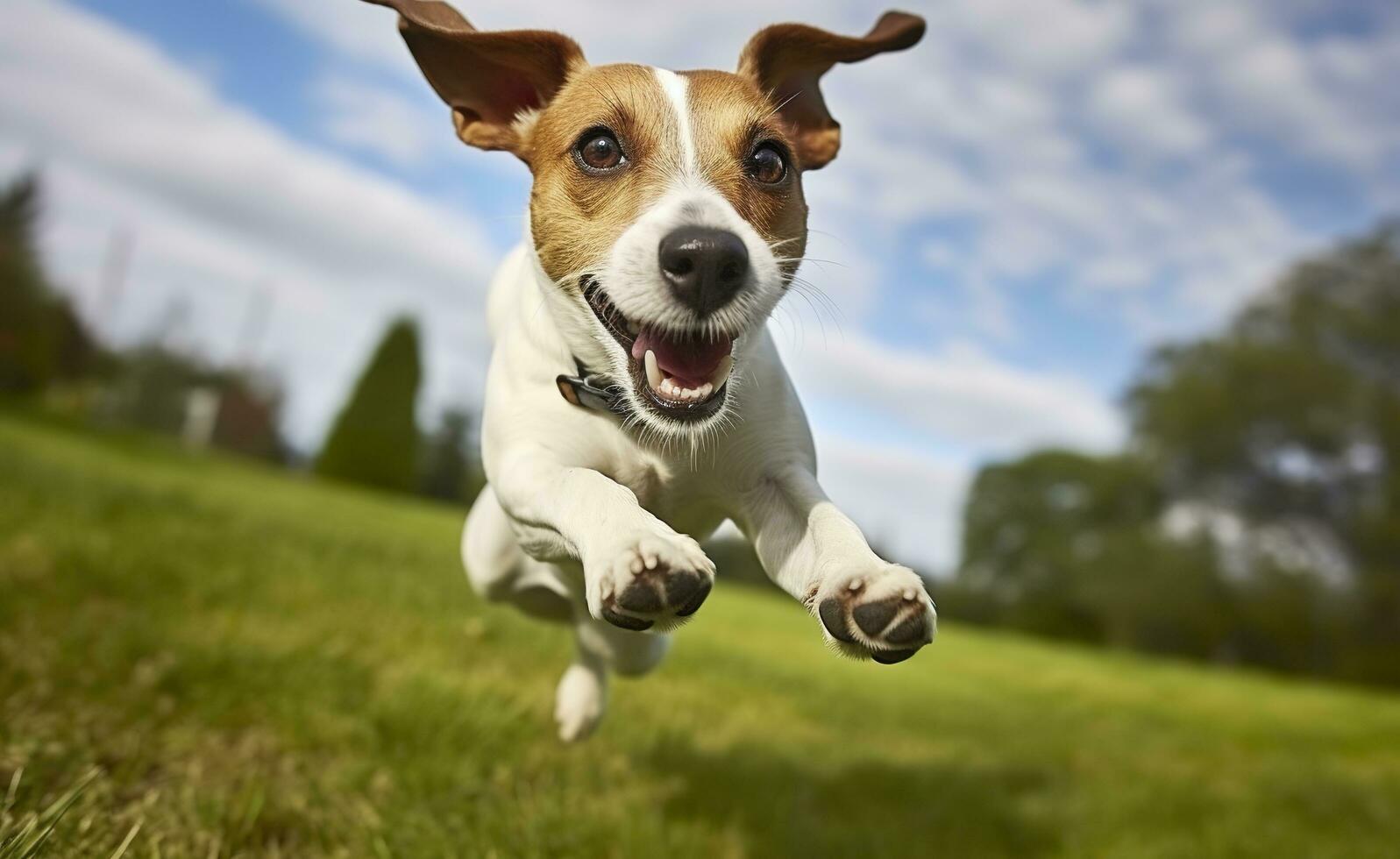 Jack Russel Parson Dog Run Toward The Camera Low Angle High Speed Shot. AI Generated photo